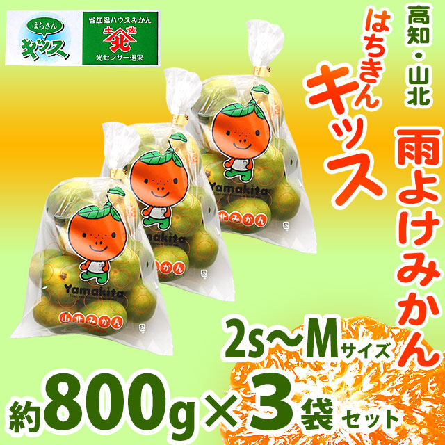 雨よけみかん・はちきんキッス・高知・山北・光センサー選果・赤秀品・約800g×3袋セット・2S～Mサイズ【送料無料】