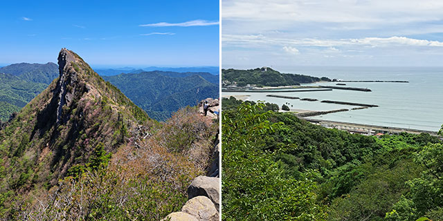 四国山地の石鎚山と、高知県香南市から見た土佐湾