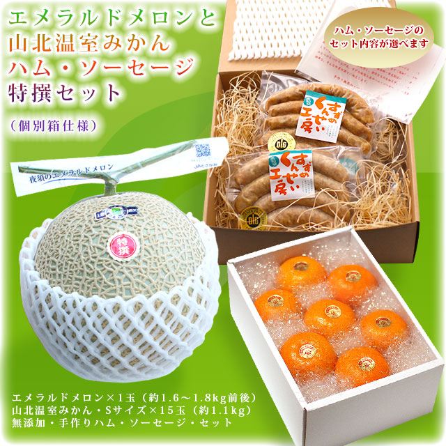 エメラルドメロン＋山北温室みかん＆ハム・ソーセージセット【送料無料】