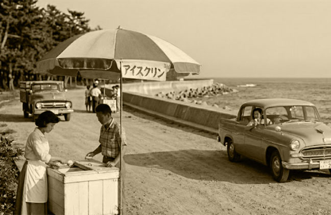 昭和30年ごろ、街道沿いで売られるアイスクリン